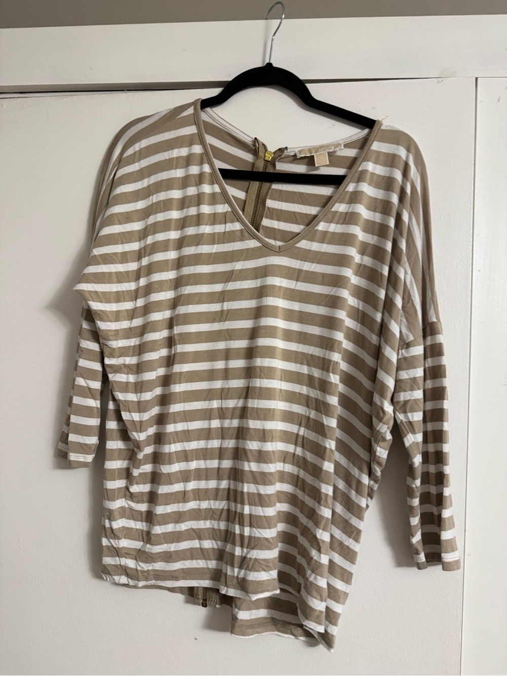 Michael Kors Beige and White Striped V-Neck Long Sleeve Top